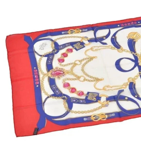 Authentic HERMES Scarf Fine Motif Silk Mousseline Red Rectangular 145 CM X 52 CM